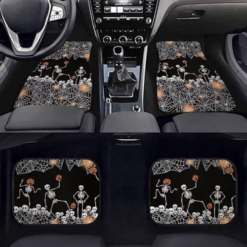 Black White Spider Web Skeleton Print Funny Halloween Car Floor Mats 4 PCS, Cute Durable Interior Accessories for Car SUV, All Weather Floor Mats with Front Rear Trunk Liners Set for Party