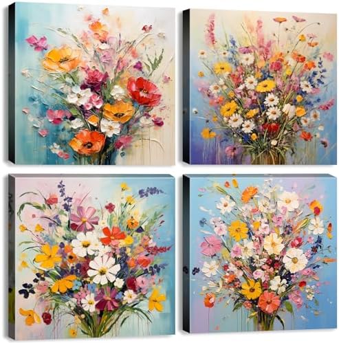 Modern Framed Colorful Wildflower Canvas Wall Art for Living Room Wild Flower Pictures Girls Bedroom Bathroom Decor Floral Prints Watercolors Pinting Bedroom Dinner Room Home Decorations 20x20”4 Pcs by sunfrower