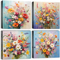 Colorful Flower Pictures Wall Decor Abstract Floral Wall Art for Bedroom Watercolor Poppy Daisy Posters Pink Flowers Painting Nature Bouquet Canvas Prints Artwork Living Room Home Decoration 12x12” 4P by sunfrower