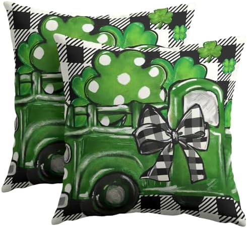 St Patricks Day Pillow Covers 18x18 Set of 2 Shamrock Clover Throw Pillow Covers Spring Pillowcase Linen Decoration Farmhouse Decorative Buffalo Plaid Cushion Case Couch for Indoor Home Decor by Trongr
