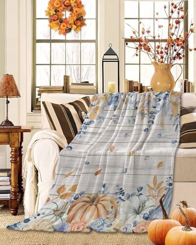DecorLovee Orange Blue Fall Blanket 60"x80", Reversible Thanksgiving Botanical Throw Blanket for Couch/Bed, Floral Vintage Lightweight Soft Throw Blankets for Men, Warm Fuzzy Blankets for Winter - Image 2