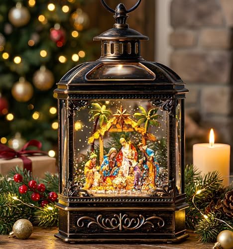Christmas Snow Globe Swirling Glittering Nativity Scene with Music, USB Lined/Battery Operated Lighted Water Lantern for Christmas Festival Decoration Gifts by Qualdout