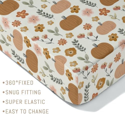 Pastel Autumn Pumpkin Flowers Baby Crib Sheets for Boy Girl Boho Pumpkin Fall Floral Retro Soft Snug Fitted Crib Mattress Covers for 52''x28'' Standard Crib & Toddler Mattress Thanksgiving Bed Sheet - Image 5