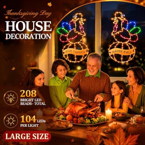 2 Pcs Large Thanksgiving Window Lights Turkey Decorations, Fall Decor Window Lights, LED Turkey Pumpkin Light 2026 Thanksgiving Decor with Timer & 8 Mode & Battery Operated(Yellow Red Green,17") - Image 4