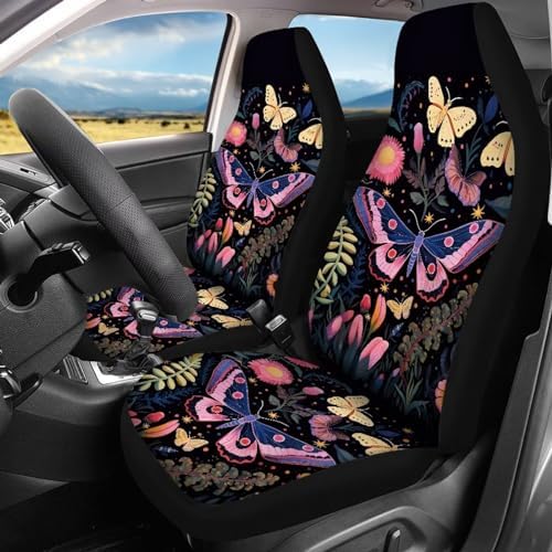 Pink Wild Forest Moth Butterfly Floral Car Seat Covers Starry Nights Fern Plants Flower Print Front Rear Seat Covers Auto Interior Decorative Auto Accessories Set of 4 for Cars,Trucks