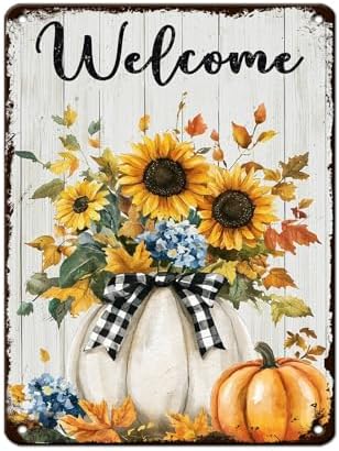 Thanksgiving Day Pumpkin Vintage Tin Sign Welcome Metal Wall Art for Bedroom Garage Kitchen Shop 12x16Inch by Unknown