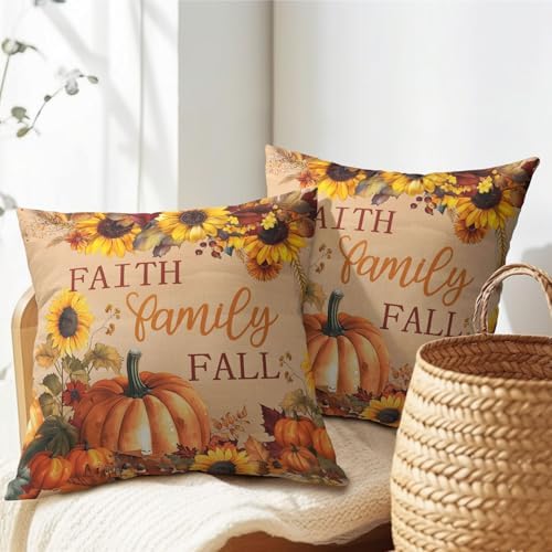 Sweetshow Faith Family Fall Pumpkin Pillow Covers 12x12 Inches Autumn Sunflowers Throw Pillow Case Set of 2 Pillows Cotton Linen Cushion Cover for Home Couch Sofa Livingroom - Image 5