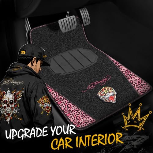 ED HARDY Tiger Print Car Floor Mats, Carpet Floor Mats with Pink Leoprad Design, Automotive Car Mats with Built-in Heel Pad & Anti-Slip Backing, Fits Most Cars, SUVs & Trucks, Durable & Odorless