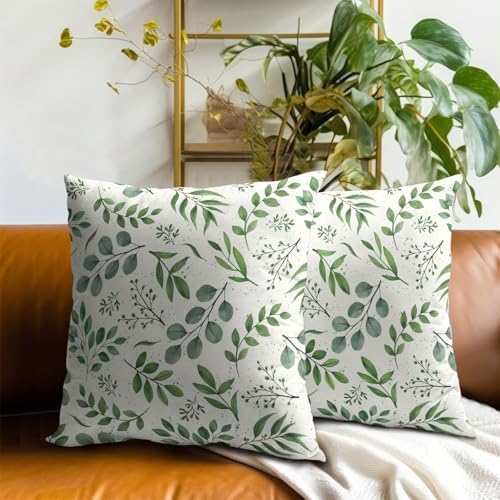 Sweetshow Sage Green Pillow Covers 20x20 Inch Spring Watercolor Eucalyptus Floral Pillowcase Set of 2 Leaf Print Throw Pillow Covers Soft Cotton Square Cushion for Home Couch Sofa Bedroom Livingroom - Image 7