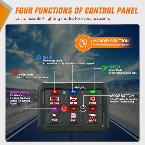 Nilight 6 Gang Switch Panel Red 12V 60A Circuit Control Relay System 4-Mode