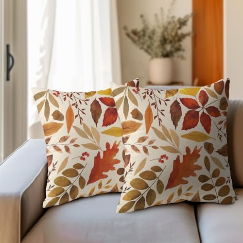 Fall Leaf Pillow Covers 22x22 Set of 2 Brown Beige Maple Leaves Autumn Harvest Throw Pillow Cases with Zipper Outdoor Decorative Cushion Cover Rustic Decoration Farmhouse Home Sofa Couch Bed Decor - Image 3