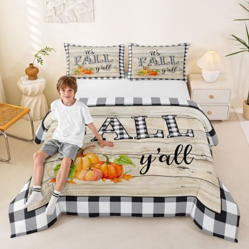 Homewish Fall Pumpkin Grid Comforter Set Full Size,Rustic Farm Barn Wooden Bedding Youth Adults Room Decor,Halloween Plants Plaid Quilt Set Retro Fall Themed Duvet Insert 3pcs,2 Pillowcases - Image 2