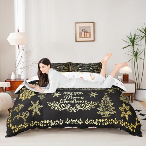 Merry Christmas Kids Duvet Cover Set Full Size,Deer Snowflake Rustic Farmhouse Bedding Set,Girls Boys Adults Room Decor,Christmas Trees Happy New Year Comforter Cover,Retro Quilt Cover,2 Pillowcases - Image 2