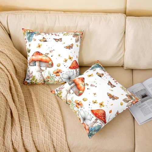 Red Mushroom Double Sides Print Pillow Covers,Jungle Botanical Plants Flowers Butterfly Pillowcase 2 Pack Cushion Case 24"x 24",Rustic Fall Maple Leaves Throw Pillow Covers - Image 2