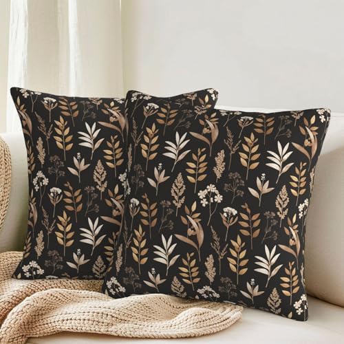 KiuLoam Vintage Botanical Wildflower Pillow Covers 16x16 Set of 2 Black Brown Floral Leaf Rustic Farmhouse Decorative Throw Pillows Neutral Outdoor Square Cushion Cases for Sofa Couch Bed Home Decor - Image 2