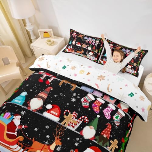 Merry Christmas Kids Duvet Cover Set Full Size,Santa Claus Snowman Cute Gnomes Bedding Set,Girls Boys Adults Room Decor,Snowflake Deer Xmas Comforter Cover,Red Black Retro Quilt Cover,2 Pillowcases - Image 3