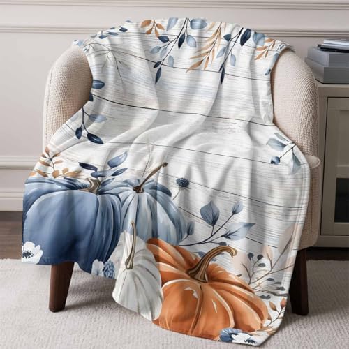 DecorLovee Orange Blue Pumpkins Fall Blanket 60"x80", Reversible Vintage Thanksgiving Throw Blanket for Couch/Bed, Botanical Lightweight Soft Throw Blankets for Men, Warm Fuzzy Blankets for Winter - Image 6
