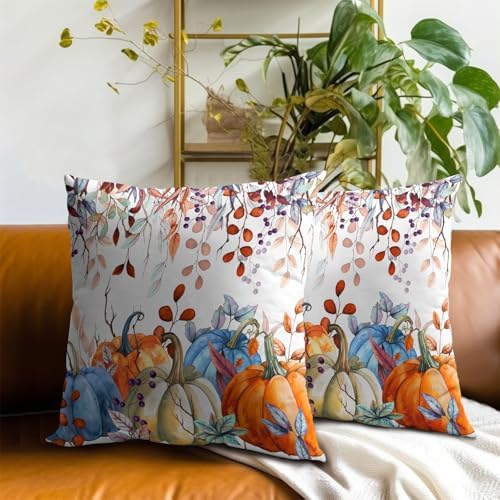 Sweetshow Orange and Blue Autumn Pumpkins Throw Pillow Covers 22X22 Inches Set of 2 Fall Maple Leaves Pillowcase Soft Cotton Square Thankgiving Cushion Covers for Home Sofa Patio Bedroom Decoration - Image 7