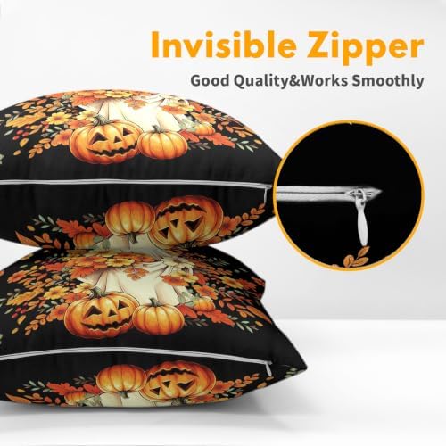 Halloween Ghost Throw Pillow Covers 16x16 Set of 2 Orange Floral Leaves Spooky Pumpkin Pillow Covers Black Autumn Flower Leaf Cute Pillowcase for Kitchen Sofa Cushion Outdoor Bedroom Decoration - Image 5