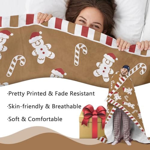 Christmas Gingerbread Man Flannel Throw Blanket, Cute Xmas Candy Cane - Image 4