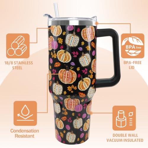 Fall Tumbler with Handle Thanksgiving 40oz Colorful Pumpkin Coffee Travel Mug Autumn Stainless Steel Insulated Cups Cute Fall Thanksgiving Decor Gifts - Image 6