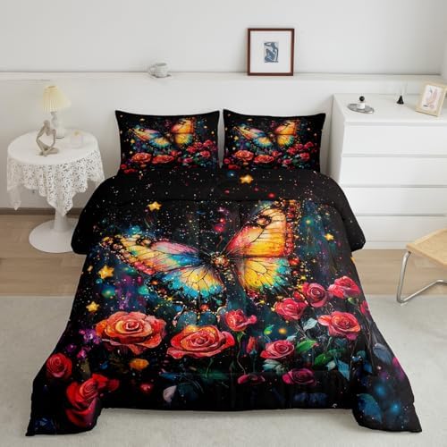 Feelyou Butterfly Bedding Set King Size Rose Comforter Set for Kids Boys Girls Star Print Comforter Starry Sky Duvet Set by Feelyou