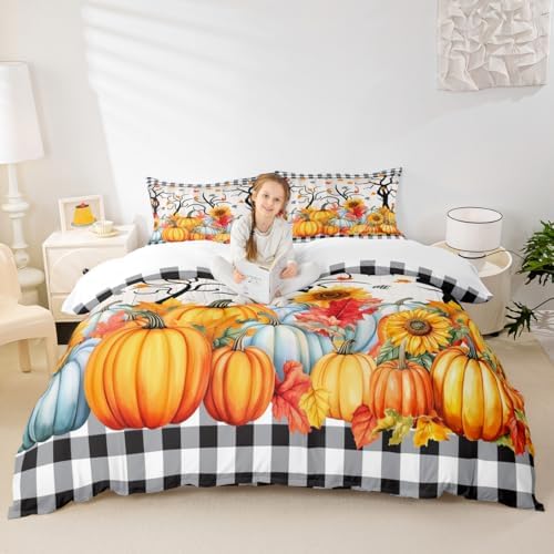 Fall Pumpkin Harvest Kids Duvet Cover Set Full Size,Sunflowers Maple Leaves Autumn Bedding Set,Girls Boys Adults Room/Cabin Decor,Wooden Plank Grids Comforter Cover,Rustic Quilt Cover,2 Pillowcases by Manfei