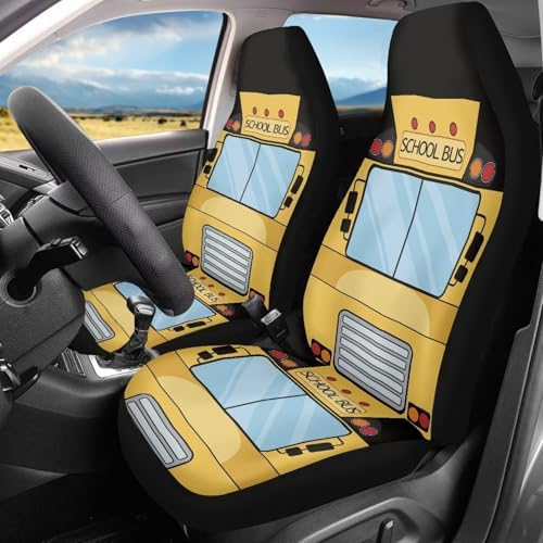 Car Seat Covers Set of 2 Universal Funny School Bus Front Seat Cover Fit for Cars Truck SUV Van, Stretch Polyester Fabric Cover Protection Interior Accessories, Easy to Install