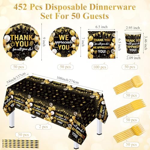 Funnymoom 452 Pcs Black Gold We Appreciate You Decoration for 50, Thank You Paper Plates Napkins Cups Tablecloth Set for Administrative Professional Day Employee Teacher Volunteer Appreciation Supply - Image 2