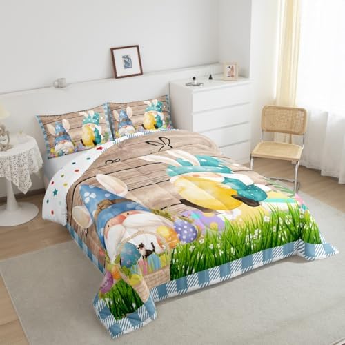 Happy Easter Comforter Set Queen Size Cute Rabbit Gnomes Bedding Set 3pcs for Kids Girls Boys Bedroom Blue Grid Watercolor Quilt Set Rustic Farmhouse Brown Wooden Duvet Insert,2 Pillowcases - Image 6