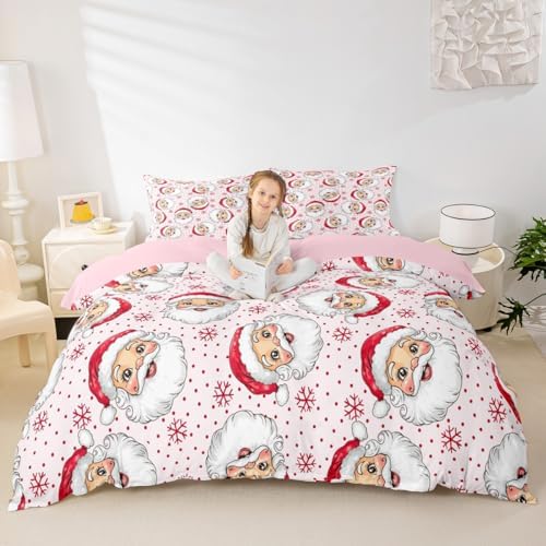 Cartoon Santa Claus Kids Duvet Cover Set Full Size,Snowflake Polka Dots Cute Bedding Set,Girls Boys Adults Room Decor,Merry Christmas Holiday Comforter Cover,Pink Romantic Quilt Cover,2 Pillowcases by Manfei