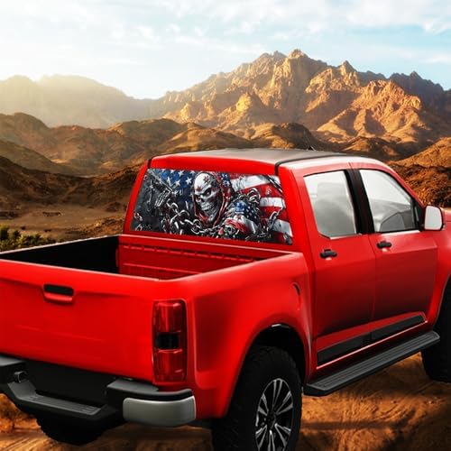 American Style Skulls Truck Rear Window Graphic Decals, Watercolor Flag Horror Skeleton Pickup Car Window Stickers Truck Back Window Film Decal for Trucks SUV 66 x 22 inch