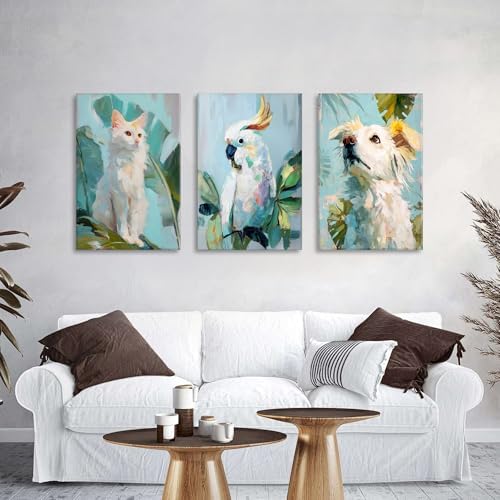 Big Cute Cat Wall Art Green Botanical Picture Woodland Nursery Wall Decor Tropical Teal Leaves Painting Animals Portrait Poster Framed Artwork for Bedroom Living Room Home Decorations 24x36 3P - Image 2