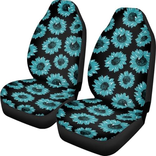 Black Green Sunflower Print Car Seat Cover Colorful Cute Print Front Seat Covers 2 pcs, Vehicle Seat Protector Car Mat Covers, Fit Most Vehicle, Cars, Sedan, Truck, SUV, Van