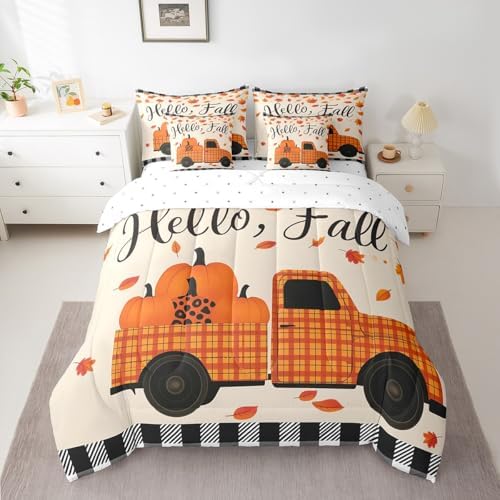 Erosebridal Plaid Pumpkin Truck Twin Comforter Set 7 Piece Fall Thanksgiving Harvest Bed in A Bag,Buffalo Check Maple Leaves Bedding Set for Kids Adults Farmhouse Autumn Sheet Set with Comforter - Image 2