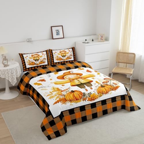 Erosebridal Fall Scarecrow Comforter Set for Kids Boys Girls Autumn Harvest Bedding Thanksgiving Pumpkins Duvet Set Black and Orange Grid Comforter Queen with 2 Pillowcases - Image 3