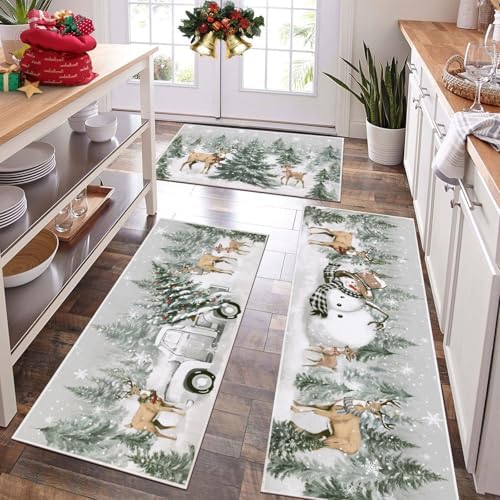 U'Artlines Christmas Kitchen Rugs and Mats Set of 3,Xmas Tree Snowman Deer by UArtlines