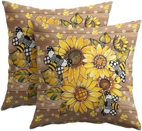 Summer Pillow Covers 22x22 Inch Set of 2, Sunflower Throw Pillow Covers Wood Pillowcase, Bee Polka Dot Decorative Seasonal Floral Spring Cushion Case Couch for Indoor Outdoor Home Decor by Unknown