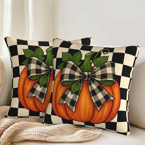 KiuLoam Fall Pillow Covers 18x18 Inch Set of 2 Thanksgiving Harvest Orange Pumpkin Black Buffalo Plaid Print Decorative Throw Pillow Cases Vintage Rustic Farmhouse Style Cushion Covers for Sofa Couch - Image 2