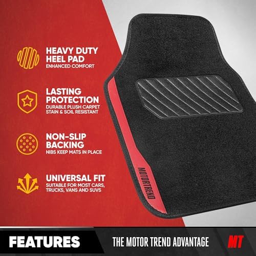Motor Trend SpeedSeries Carpet Car Floor Mats Set - Versatile Fit for Cars, Trucks, SUVs, Vans Red Trim Racing Design Car Mat Full Set Tapetes para Carro - Set of 4, Black & Red Car Carpet Mats