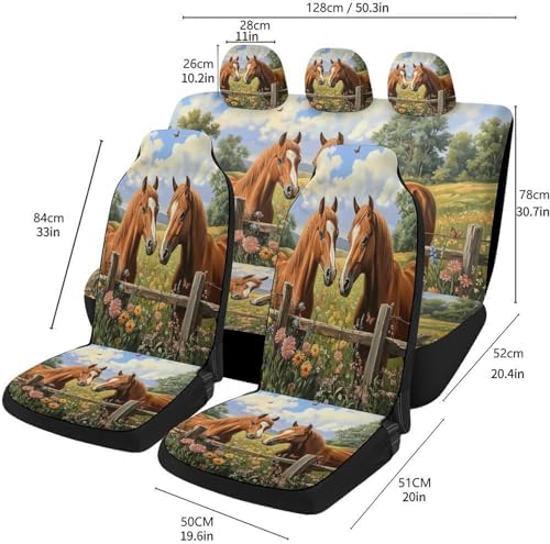 Horse Pattern Car Seat Covers, Trendy Universal Car Seat Protector Full Set, Automotive Seat Covers for Front Seats Rear Seat Back Seat Gift (Horses in Meadow, Full Set)