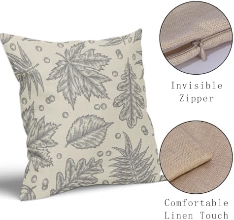 Grey Gray Fall Pillow Covers 16x16 Set of 2 Cream Maple Leaf Print Autumn Colored Harvest Decorative Outdoor Pillowcases Farmhouse Seasonal Throw Cushion Case Decor for Home Couch Sofa Bed - Image 4