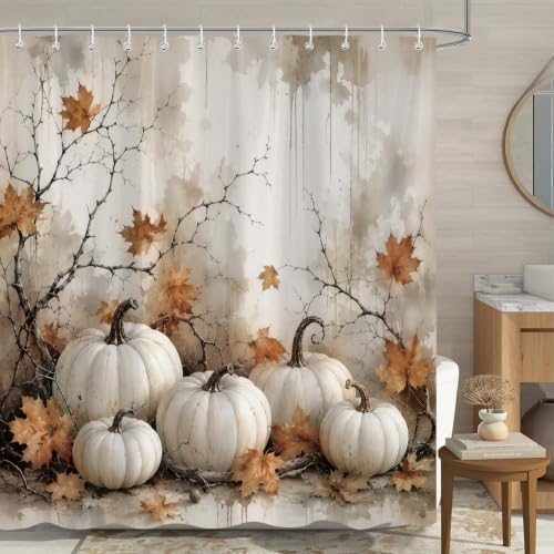 Fall Vintage Pumpkin Shower Curtain, Retro Autumn Maple Leaves Thanksgiving Harvest Farmhouse Bathroom Accessories Decor, Waterproof Fabric Bath Decor with Hooks 72 x72 Inch - Image 2