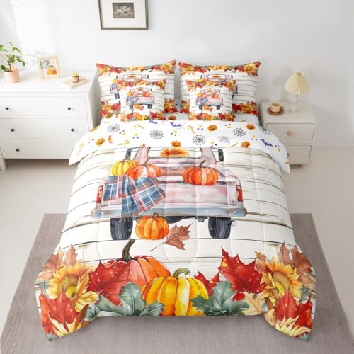 Farm Truck Car Comforter Set King Size with Sheets -7 Pieces Bed in a Bag Thanksgiving Pumpkin Fall Leaves Bedding Sets,Autumn Harvest Farmhouse Bed Set with Comforter,Sheets,Pillowcases & Shams - Image 3