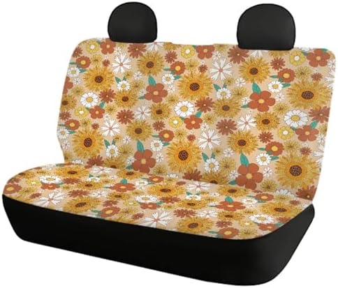 Retro Sunflower Flowers and Trippy Hippie Car Accessories 60S 70S Groovy Daisy Floral Print Front Black Seat Covers Full Set of 4 Pcs Aesthetic Accessories for Cars Truck Vehicle Interior