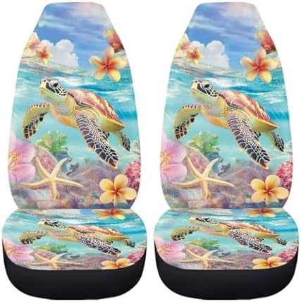 Sea Turtle 2pcs Car Seat Cover Set, Tropital Plumeria Car Seat Covers Full Set Accessories Auto Truck SUV, Hawaii Easy to Install Sedan Front Bench Cover