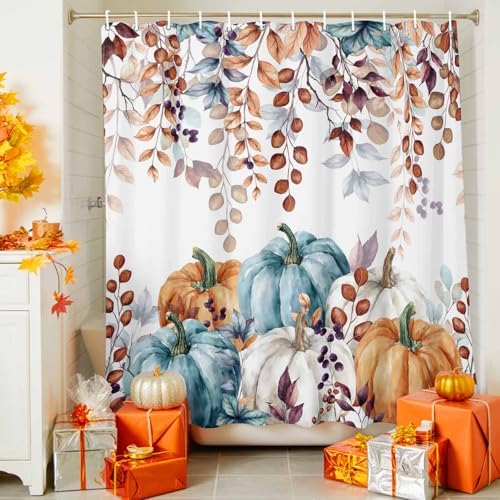 LooPoP Fall Shower Curtain Autumn Maple Leaves Bathroom Curtains with Hooks, Waterproof Polyester Fabric Thanksgiving Harvest Pumpkin Shower Curtains Set for Bathroom Bathtubs Decor 48x72 Inch - Image 3