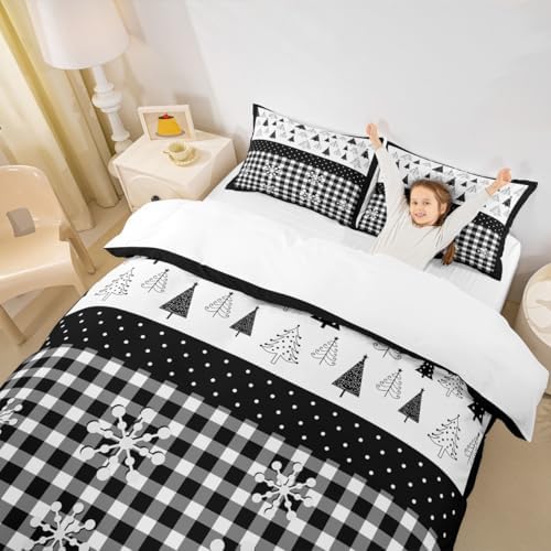 Merry Christmas Kids Duvet Cover Set King Size,Christmas Trees Snowflake Xmas Bedding Set,Girls Boys Adults Room Decor,Geometric Grids Dots Comforter Cover,Black White Chic Quilt Cover,2 Pillowcases - Image 3