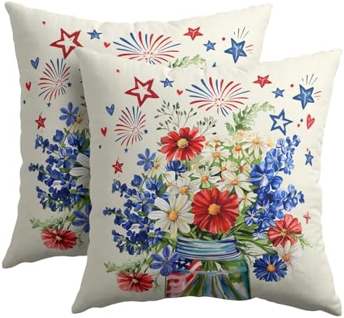 4th of July Pillow Covers 22x22 Set of 2, Patriotic Throw Pillow Covers Independence Memorial Day Pillowcase, Summer Floral Decorative Fourth of July Cushion Case Couch for Indoor Outdoor Home Decor by Unknown