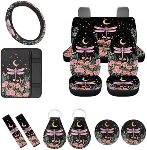 12 Pcs Dragonfly Car Seat Covers Full Set Moon Stars Flower Cottagecore Dragonfly Front Back Seat Cover,Fit Most Cars, Truck,Elastic Steering Wheel Cover Seatbelt Keychain Armres Pads Decor